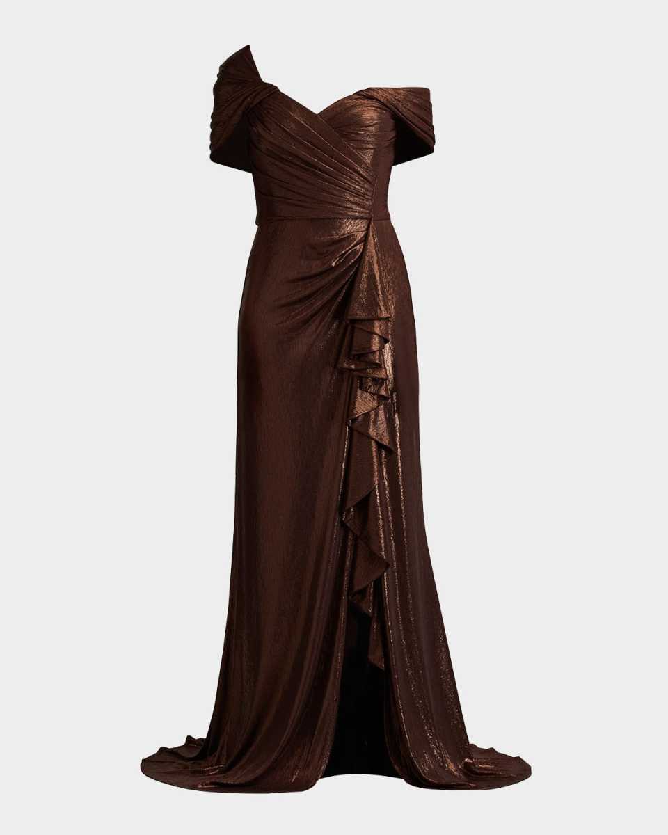 Pleated One-Shoulder Metallic Gown